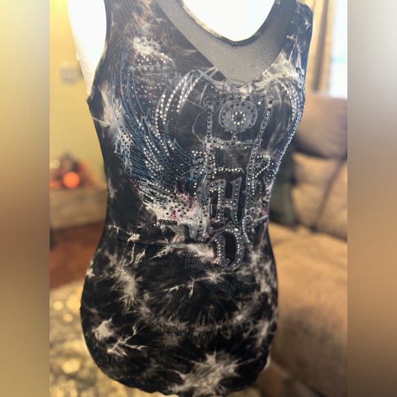 HARLEY-DAVIDSON sexy v neck asymmetrical tank top with sheer panels and bling! - Picture 6 of 8